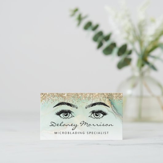 Carte De Visite Green Gold Marble Eyes QR Code Microblading (Debout devant)
