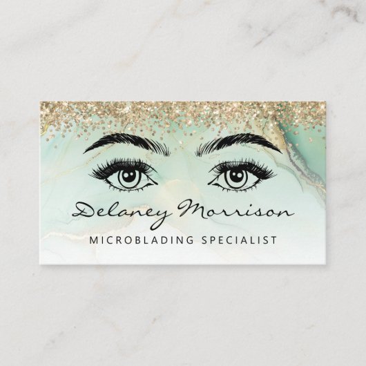 Carte De Visite Green Gold Marble Eyes QR Code Microblading (Devant)