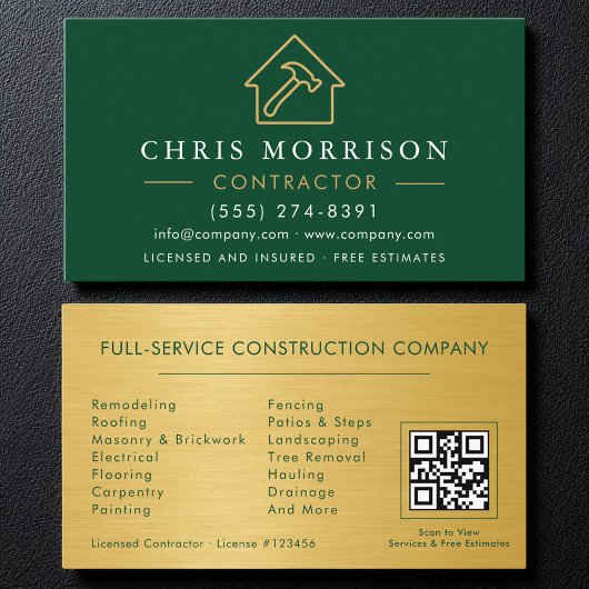 Carte De Visite Green Gold Metal Building Construction QR Code