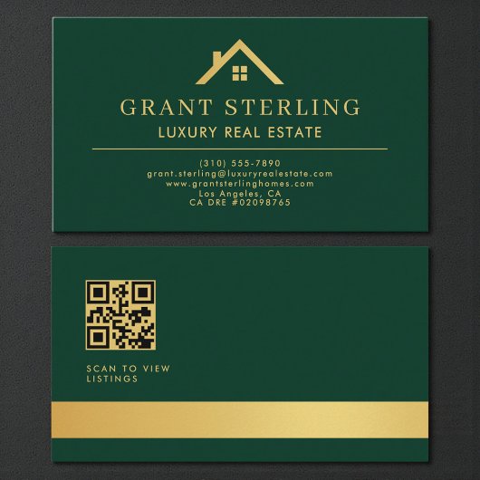 Carte De Visite Green Gold QR Code Luxury Real Estate Agent