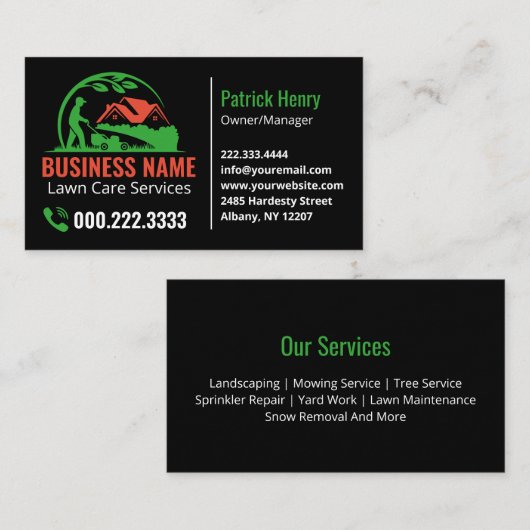 Carte De Visite Green Orange Lawn Care Landscaping Services (Devant / Derrière)