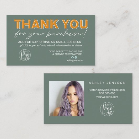 Carte De Visite Green orange script photo logo commander merci (Devant / Derrière)