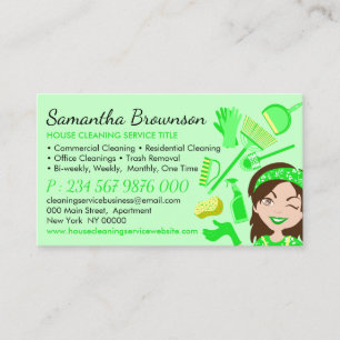 Carte De Visite Green Palette Janitor Femme Cartoon Maison Nettoya