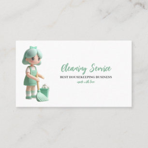 Carte De Visite Green Pastel Cartoon femme Nettoyage