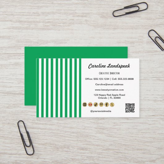 Carte De Visite Green White Stripes & QR Code & Social Media Icons (Devant/Arrière en situation)