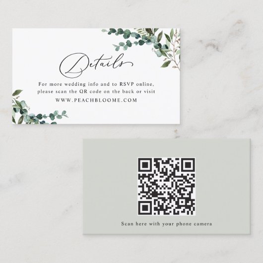 Carte De Visite Greenery QR Code Wedding Details Enclosure Card (Devant / Derrière)
