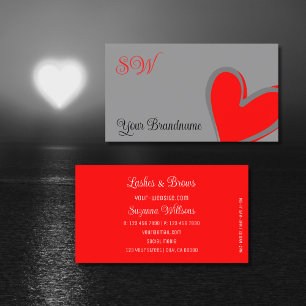 Carte De Visite Grey et Rouge Grand Coeur avec Monogramme mignon