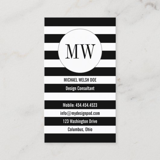 Carte De Visite Grilles Noir et Blanc avec Initiales Monogrammes (Devant)