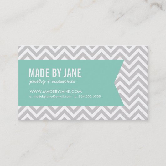 Carte De Visite Gris & Aqua Moderne Chevron & Ribbon (Devant)