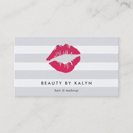 Carte De Visite Gris et blanc | Impression à lèvres roses (Devant)