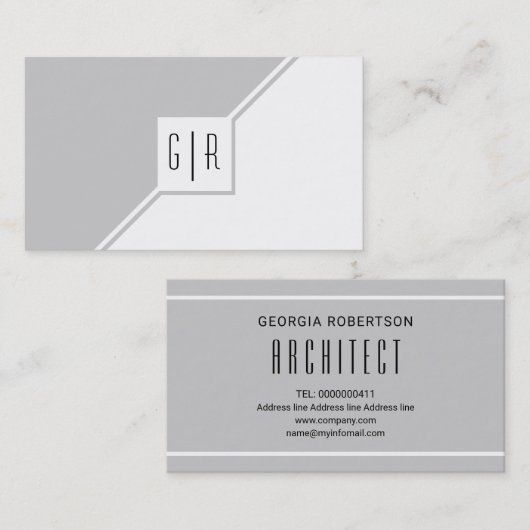 Carte De Visite Gris et blanc monogramme moderne géométrique (Devant / Derrière)