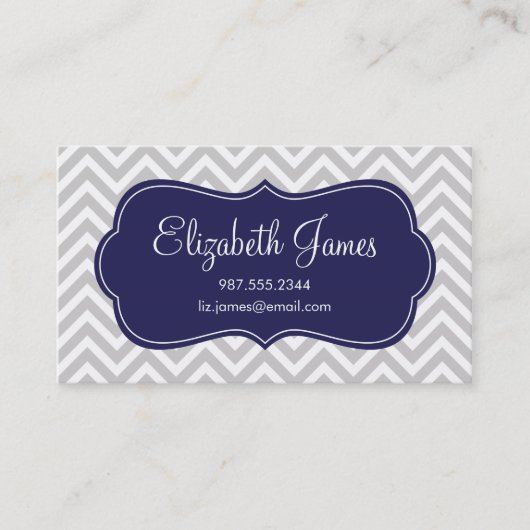 Carte De Visite Gris et bleu marine Moderne Chevron Gris (Devant)
