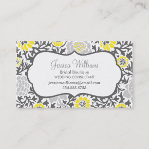 Carte De Visite Gris et jaune Retro Floral Damask