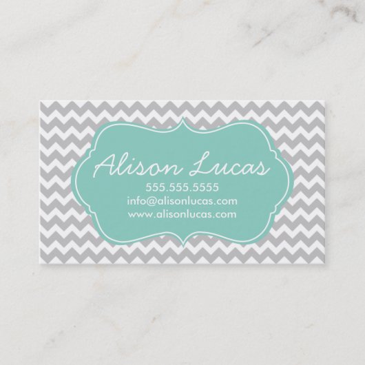 Carte De Visite Gris et menthe vert moderne Chevron Gris (Devant)
