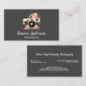 Carte De Visite Gris floral rose professionnel de photographe (Devant / Derrière)