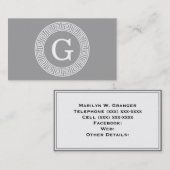 Carte De Visite Gris foncé blanc clé grecque cadre Rnd initial Mon (Devant / Derrière)