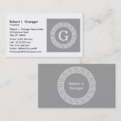 Carte De Visite Gris foncé blanc clé grecque cadre Rnd initial Mon (Devant / Derrière)