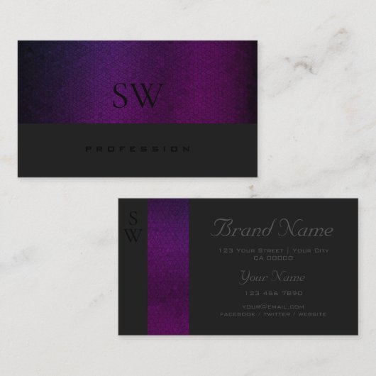 Carte De Visite Gris foncé Motif violet avec monogramme (Devant / Derrière)
