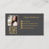 Carte De Visite Gris Moderne Or, Code QR Photo Professionnel (Dos)