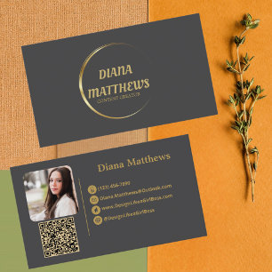 Carte De Visite Gris Moderne Or, Code QR Photo Professionnel