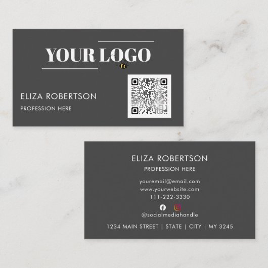 Carte De Visite Gris QR Code Professionnel Logo Professionnel Prof (Devant / Derrière)