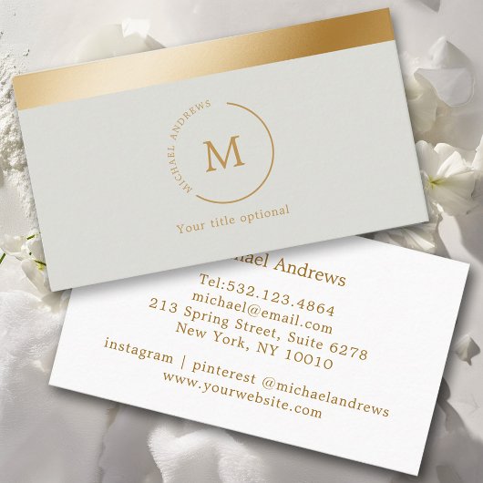 Carte De Visite Gris Vert Or Bande Monogramme Cercle