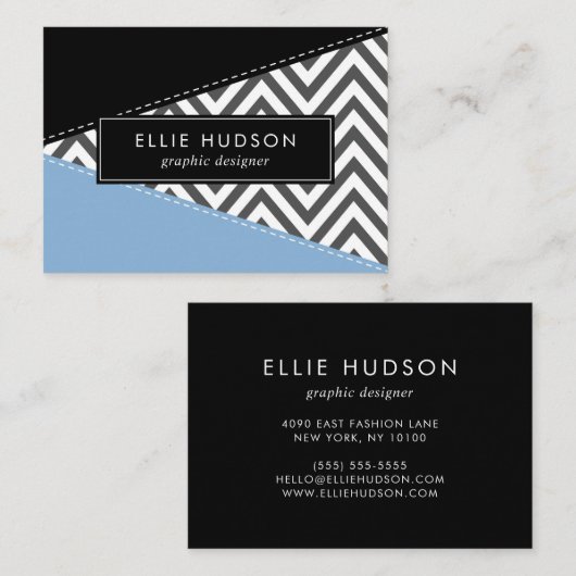 Carte De Visite Gris Zigzag, Gris Chevron, Motif Zigzag, Bleu (Devant / Derrière)