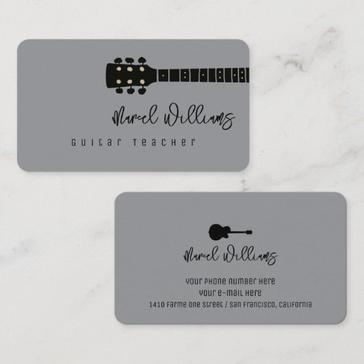 Carte de visite grise pour professeurs de guitare (Devant / Derrière)