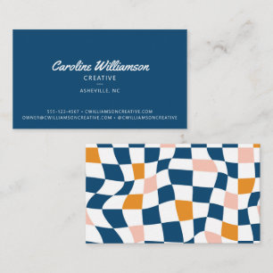 Carte De Visite Groovy Rétro Bleu Abstrait Damier Branché