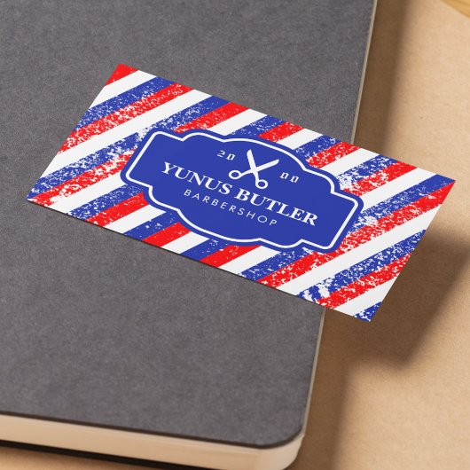 Carte De Visite Grunge Bleu & Rouge Stripes Ciseaux Barbershop