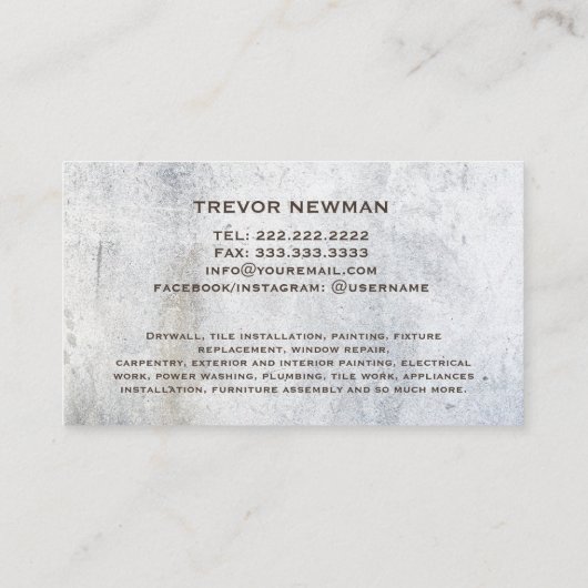 Carte De Visite Grunge Handyman Carpenter Tools Béton (Dos)