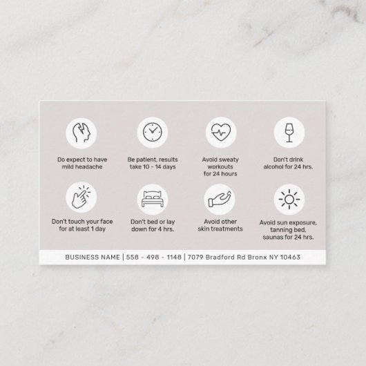 Carte De Visite Guide de soins après Botox Taupe Minimal (Dos)
