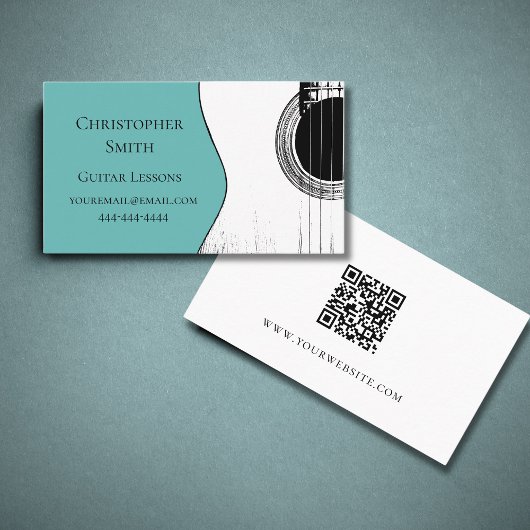 Carte De Visite Guitar Lessons QR Code Musical Trendy Teal 