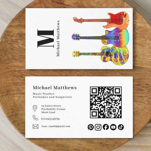 Carte De Visite Guitare Enseignant QR code et médias sociaux perso