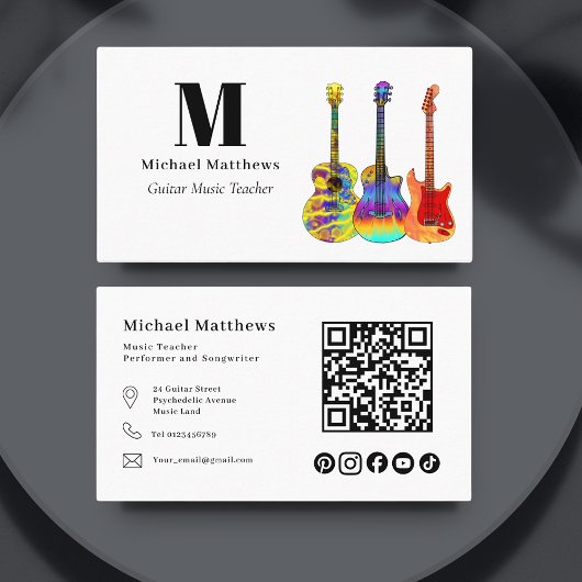 Carte De Visite Guitare Music Enseignant QR code Social Media Cust