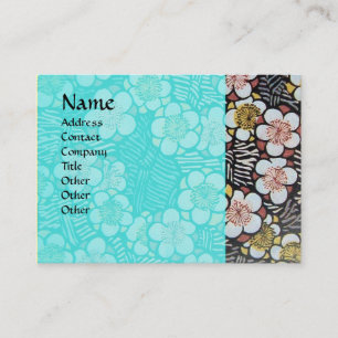 CARTE DE VISITE HAÏKU / NOIR BLANC BLEU TURQUOISE FLEURS DE PRINTE