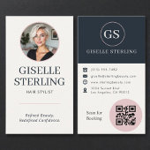 Carte De Visite Hair Stylist Blush & Navy Photo QR Code