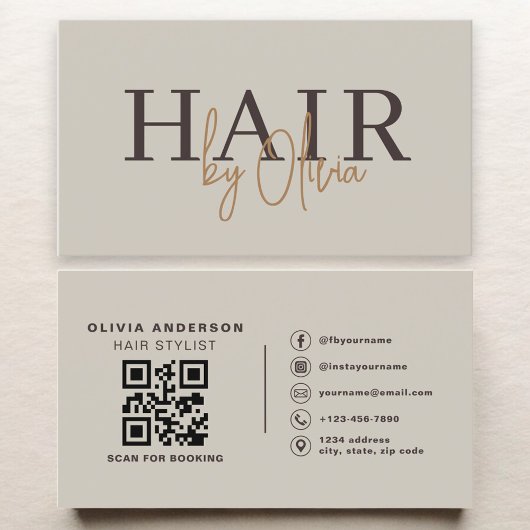Carte De Visite Hair Stylist Modern Neutral QR Code 