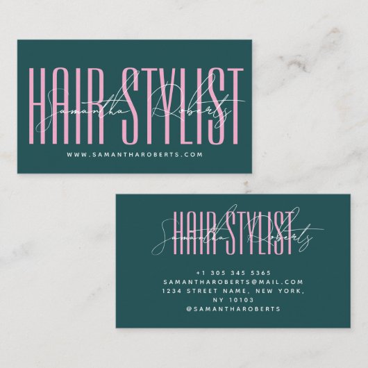 Carte De Visite Hair stylist modern typography script green pink (Devant / Derrière)
