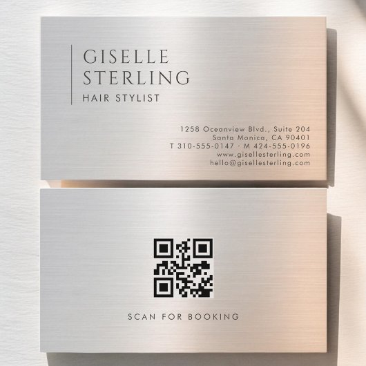 Carte De Visite Hair Stylist QR Code Brushed Metal