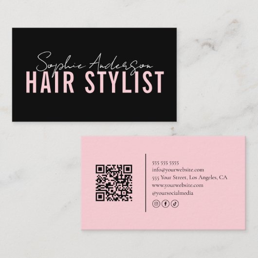 Carte De Visite Hair Stylist Salon Black and Pink QR Code (Devant / Derrière)