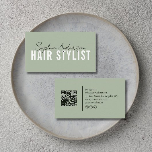 Carte De Visite Hair Stylist Salon Sage Green QR Code