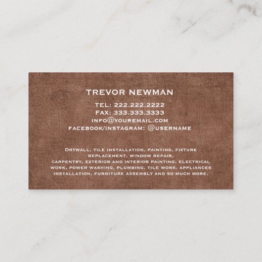 Carte De Visite Handyman Carpenter Construction Grunge Brown (Dos)