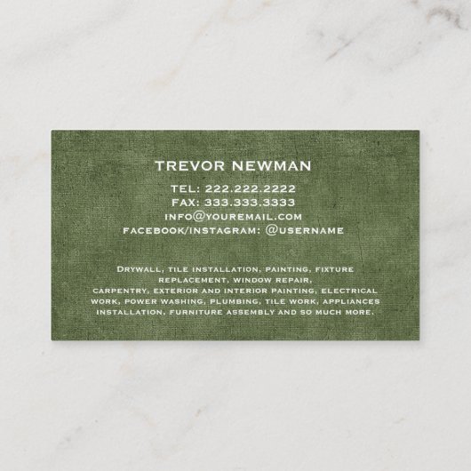 Carte De Visite Handyman Carpenter Construction Grunge vert olive (Dos)
