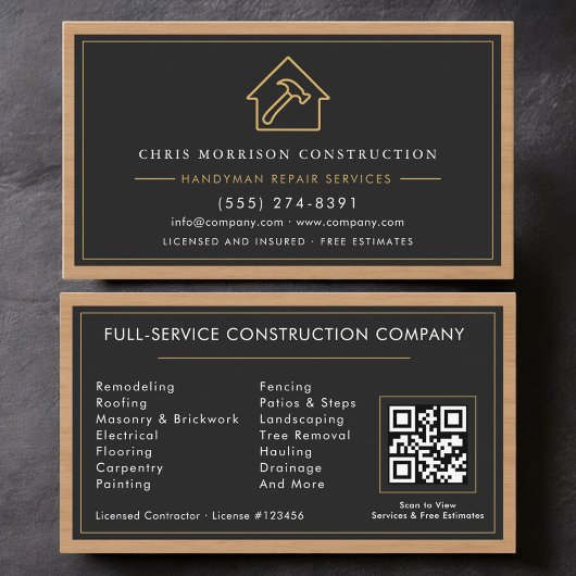 Carte De Visite Handyman Wood QR Code Construction Black Gold