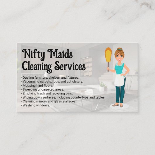 Carte De Visite Happy Maid with Feather Duster | Clean Living Room (Devant)