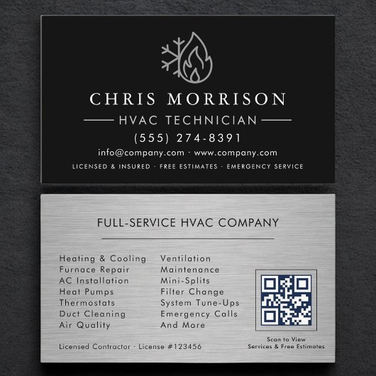 Carte De Visite Heating & Cooling HVAC QR Code Black