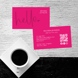Carte De Visite Hello Heart Hot Pink Script QR Code Social Media