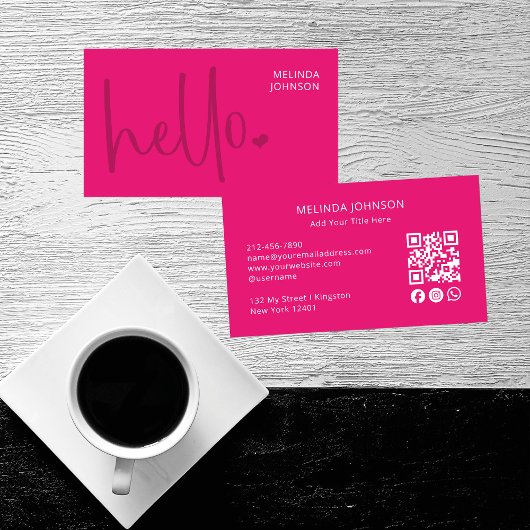 Carte De Visite Hello Heart Hot Pink Script QR Code Social Media