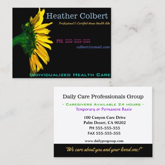 Carte De Visite Helper d'aide soignante pour tournesol (Devant / Derrière)